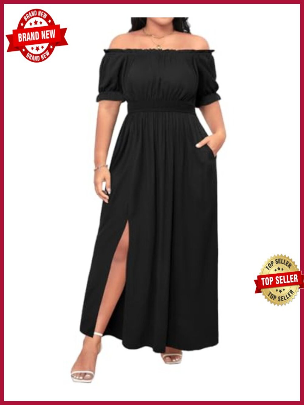 Plus Size Boho Off Shoulder Maxi Dress with Pockets Smocked Waist